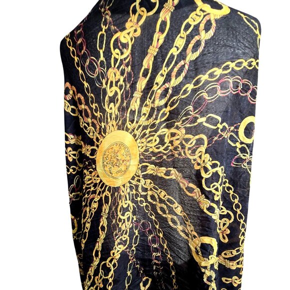 Black & Gold Chain Print Lightweight Polyester Scarf Shawl Wrap Texido JJ3943 - Picture 6 of 11
